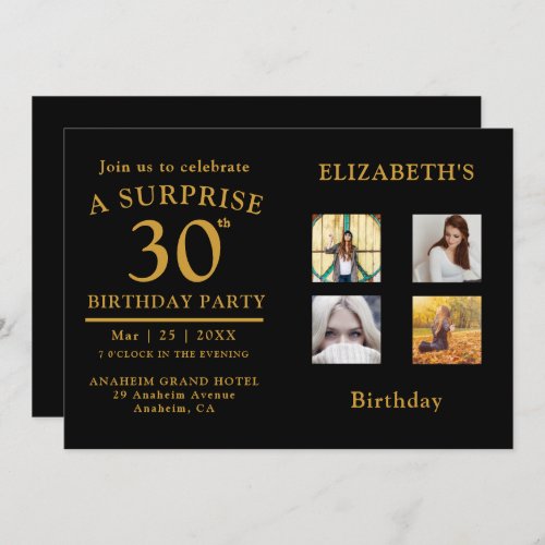 Birthday Party Black Gold Photo Collage Invitation