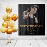 Birthday party black gold photo  tapestry<br><div class="desc">A tapestry for a 21st (or any age) birthday party for guys. An elegant modern black background. Personalize and add your own high quality photo of the birthday boy/man. The text: The name in golden with a modern hand lettered style script. Tempates for a name, age 21 and a date....</div>