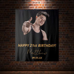 Birthday party black gold photo  tapestry<br><div class="desc">A tapestry for a 21st (or any age) birthday party for guys. An elegant modern black background. Personalize and add your own high quality photo of the birthday boy/man. The text: The name in golden with a modern hand lettered style script. Tempates for a name, age 21 and a date....</div>