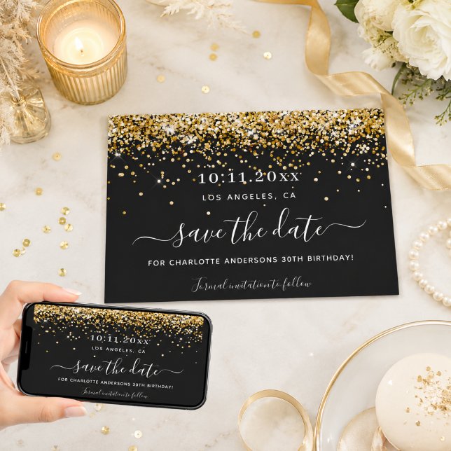 Birthday party black gold save the date (Creator Uploaded)
