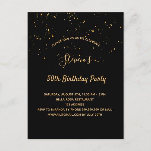 Birthday party black gold simple invitation postcard