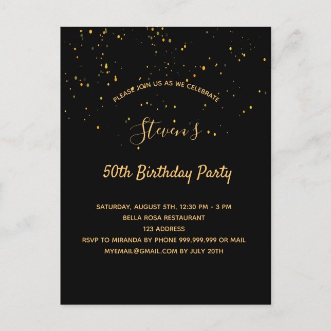 Birthday party black gold simple invitation postcard (Front)