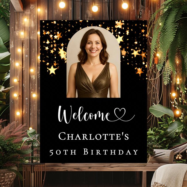 Birthday party black gold stars arch photo welcome poster (Creator Uploaded)