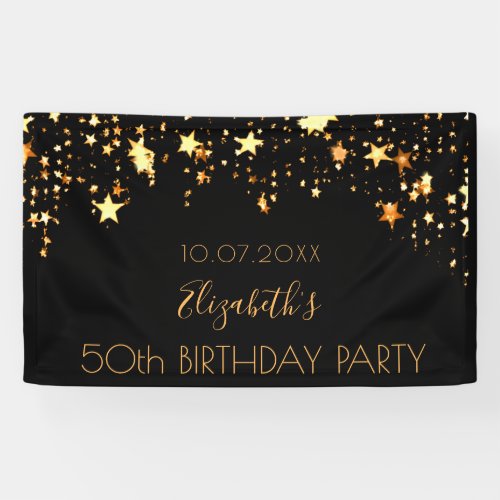 Birthday party black gold stars dripping name age banner