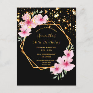 Birthday party black gold stars floral invitation postcard