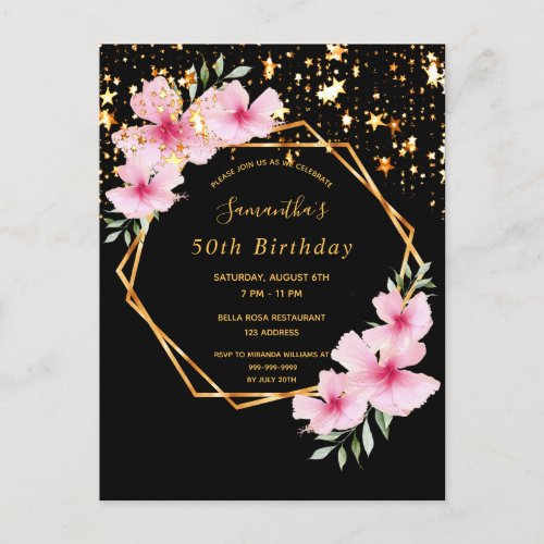 Birthday party black gold stars floral invitation postcard