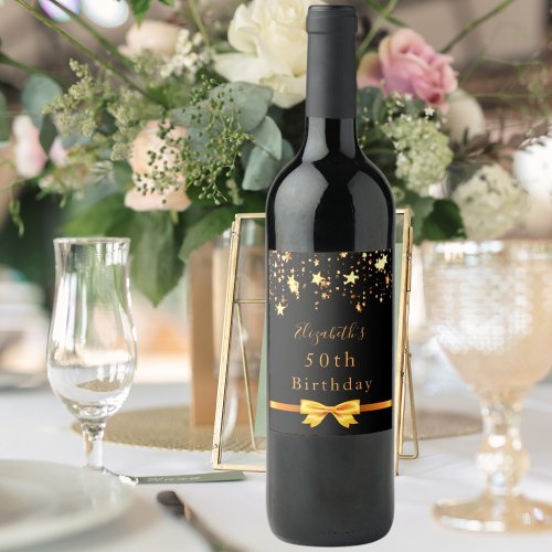 Birthday party black gold stars modern chic wine label