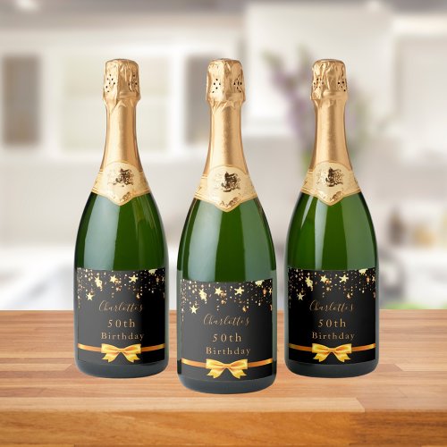 Birthday party black gold stars modern elegant sparkling wine label