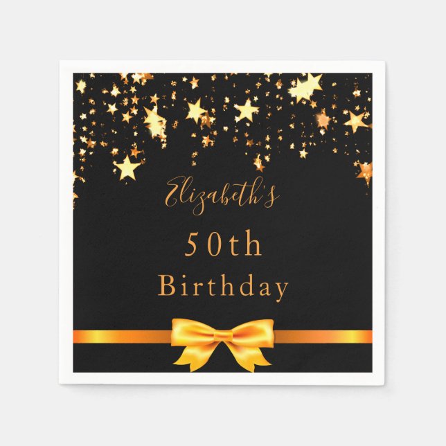 Birthday party black gold stars modern monogram napkins (Front)