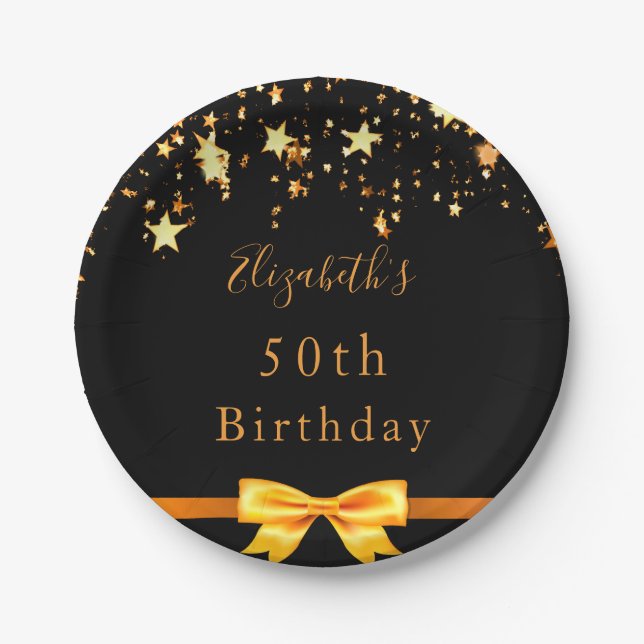 Birthday party black gold stars modern monogram paper plates (Front)
