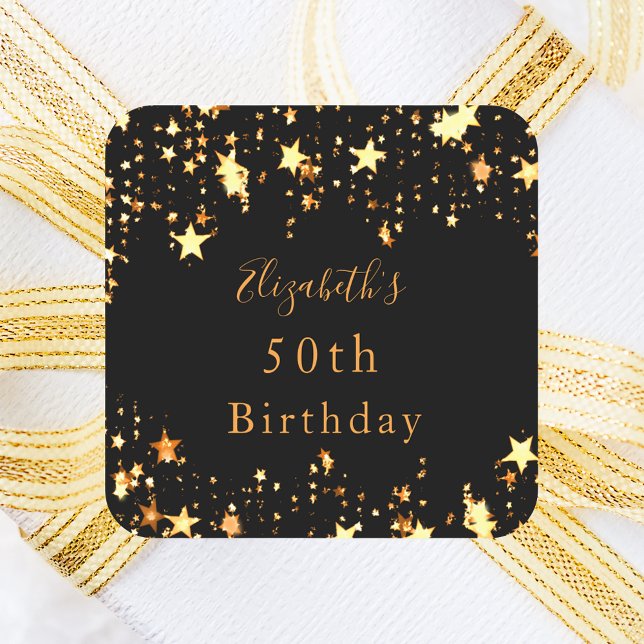 Birthday party black gold stars modern name square sticker (Creator Uploaded)