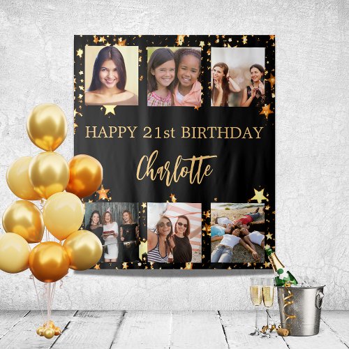 Birthday party black gold stars photo collage tapestry