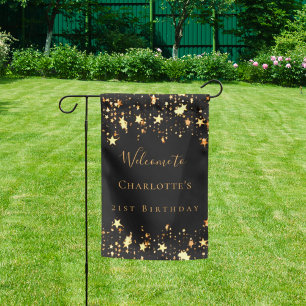 Birthday party black gold stars welcome garden flag