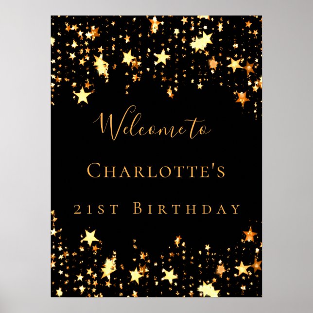 Birthday party black gold stars welcome poster (Front)