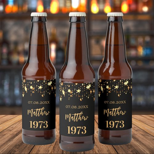 Birthday party black gold stars year born beer bottle label