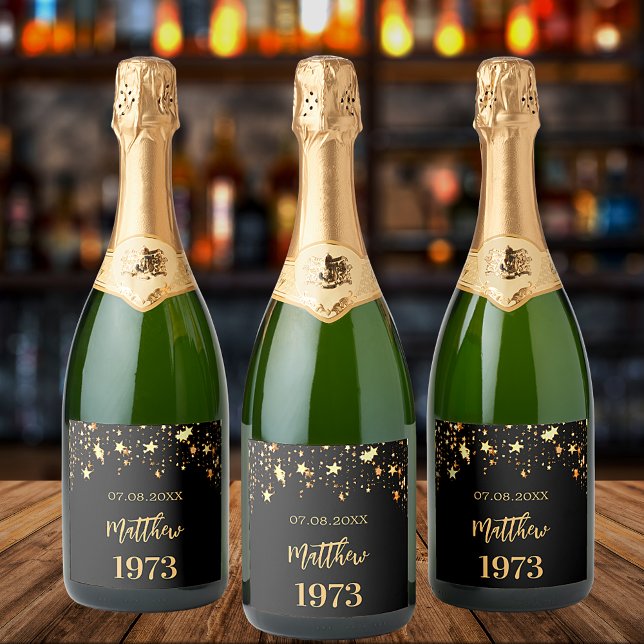 Birthday party black gold stars year born sparkling wine label (Creator Uploaded)