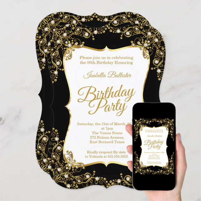 Birthday party black Gold White Pearls Invitation | Zazzle