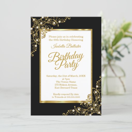 Birthday party black Gold White Photo Invitation | Zazzle