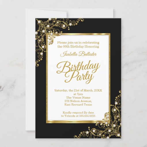 Birthday party black Gold White Photo Invitation | Zazzle