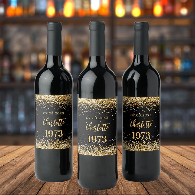 Birthday party black gold year born wine label (Creator Uploaded)
