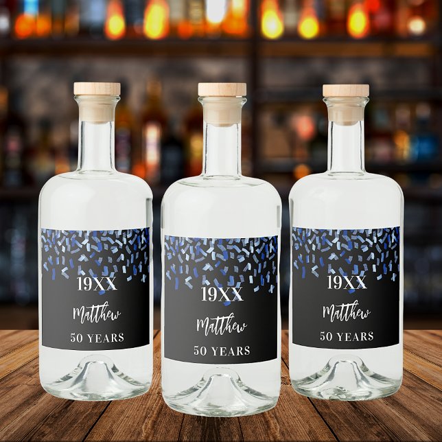 Birthday party black navy blue confetti name years liquor bottle label (Creator Uploaded)