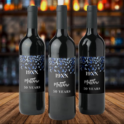 Birthday party black navy blue confetti name years wine label