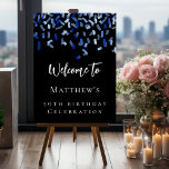 Birthday party black navy blue welcome foam board<br><div class="desc">For a 50th (or any age) birthday party.  Black background,  white text.  Decorated with blue confetti.  Personalize and add a name and age.</div>