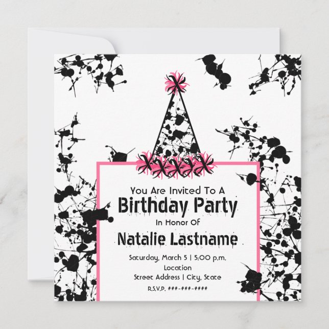 Birthday Party - Black Paint Splatter Party Hat Invitation (Front)