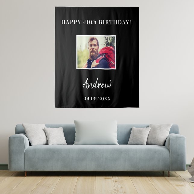 Birthday party black photo name guy tapestry (Creator Uploaded)