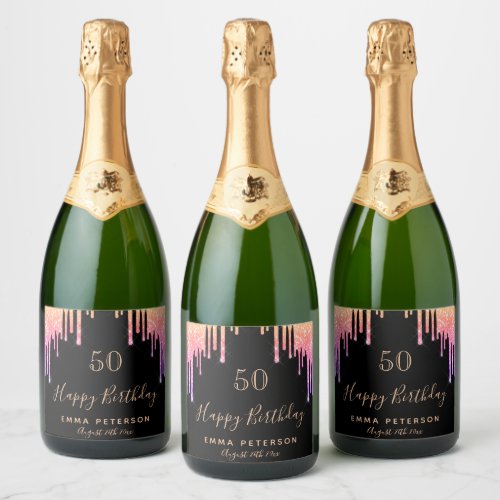 Birthday party black pink glitter sparkle sparkling wine label