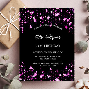 Birthday party black pink stars budget invitation flyer