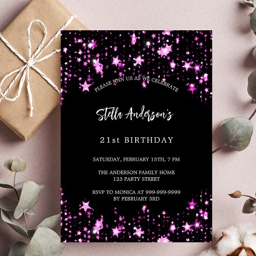 Birthday party black pink stars invitation postcard