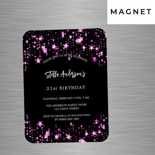 Birthday party black pink stars luxury invitation magnet