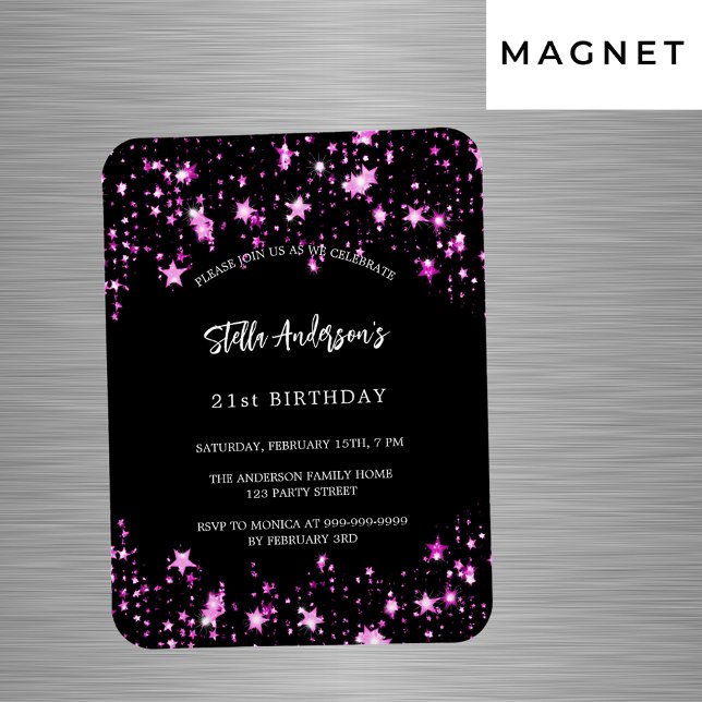 Birthday party black pink stars luxury invitation magnet (Creator Uploaded)