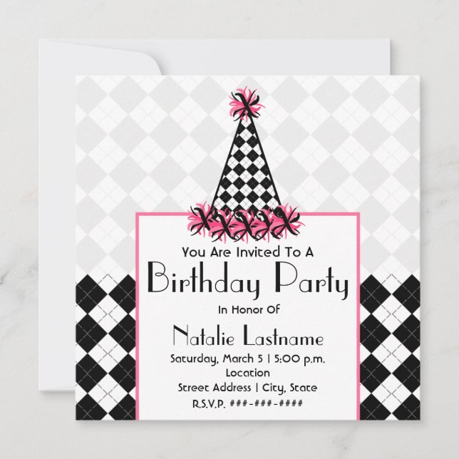 Birthday Party Black & Pink with Argyle Party Hat Invitation (Front)