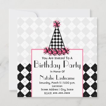 Birthday Party Black & Pink With Argyle Party Hat Invitation by thepinkschoolhouse at Zazzle