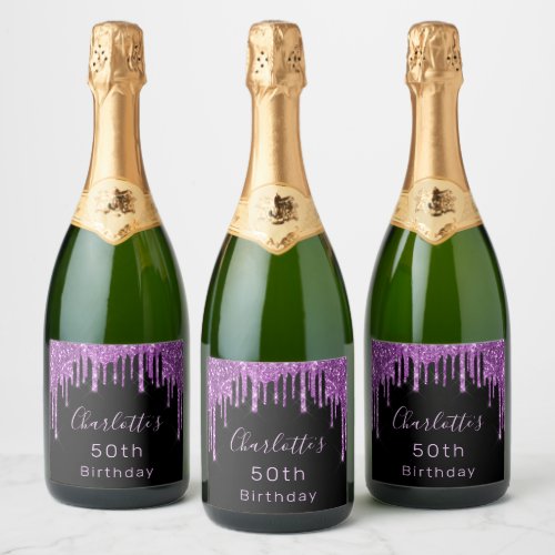 Birthday party black purple glitter drip pink glam sparkling wine label