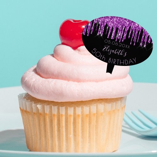 Birthday party black purple glitter drips glam cake topper