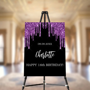 Birthday party black purple glitter drips glam foam board