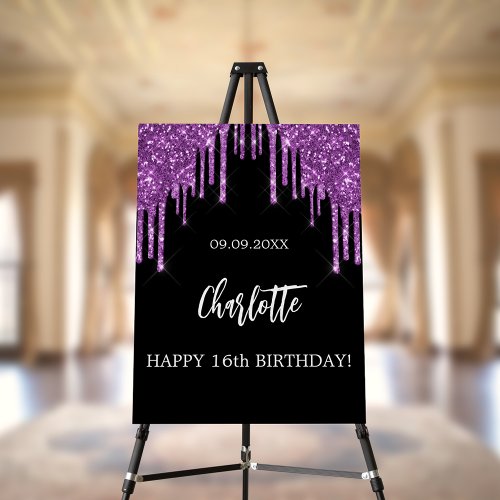 Birthday party black purple glitter drips glam foam board