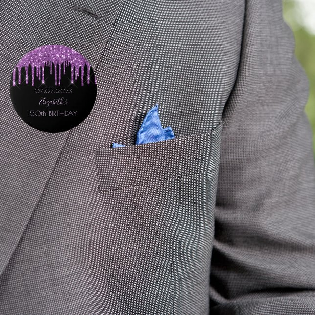 Birthday party black purple glitter drips monogram button (Creator Uploaded)