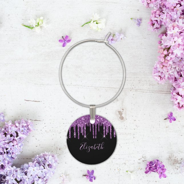 Birthday party black purple glitter drips monogram wine charm (Creator Uploaded)