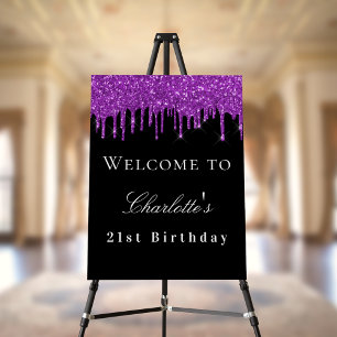 Birthday party black purple glitter drips welcome foam board