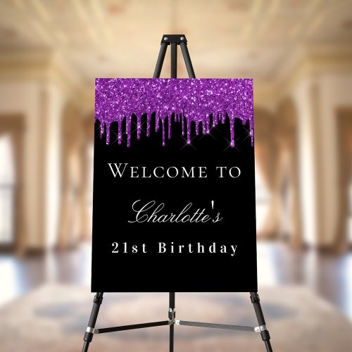 Birthday party black purple glitter drips welcome  foam board