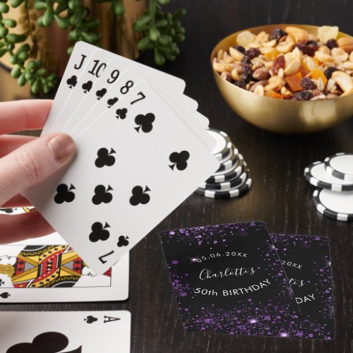 Birthday party black purple glitter dust name poker cards