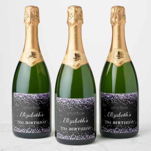 Birthday party black purple glitter dust name sparkling wine label