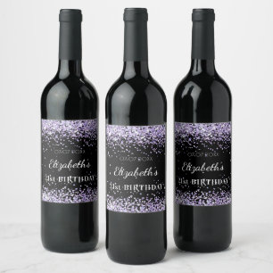 Birthday party black purple glitter dust name wine label