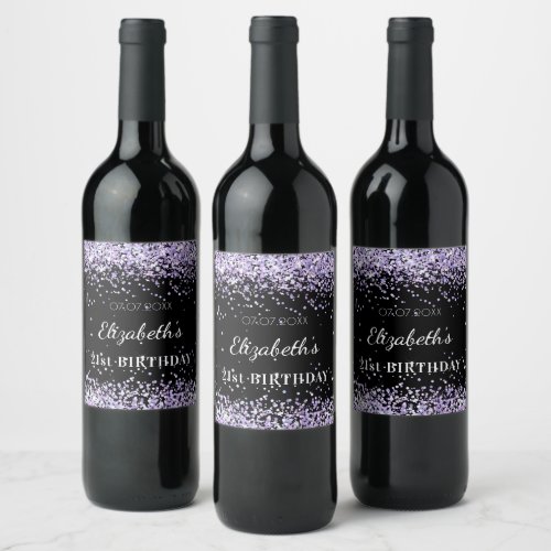 Birthday party black purple glitter dust name  wine label