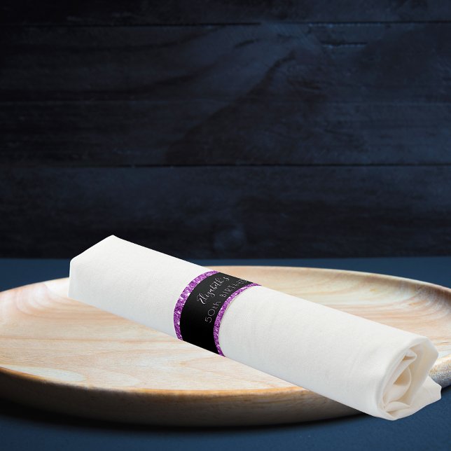 Birthday party black purple glitter glam name napkin bands (Creator Uploaded)