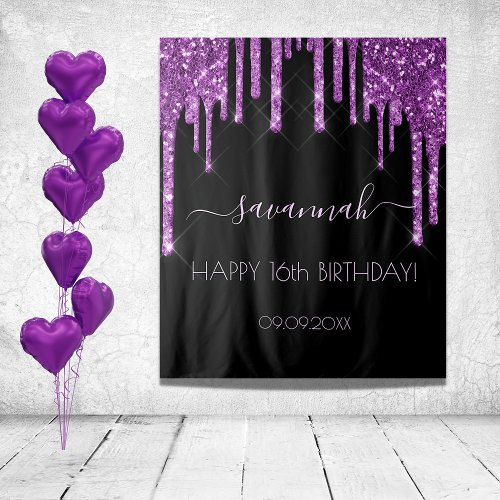 Birthday party black purple glitter glam tapestry